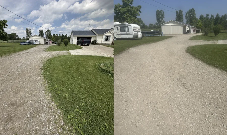 Gravel driveway at a rural home, shown from two angles