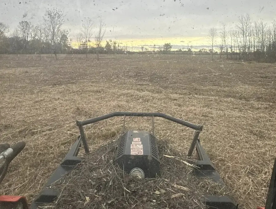 View from the cab of a mulching head working across a flat, overgrown field
