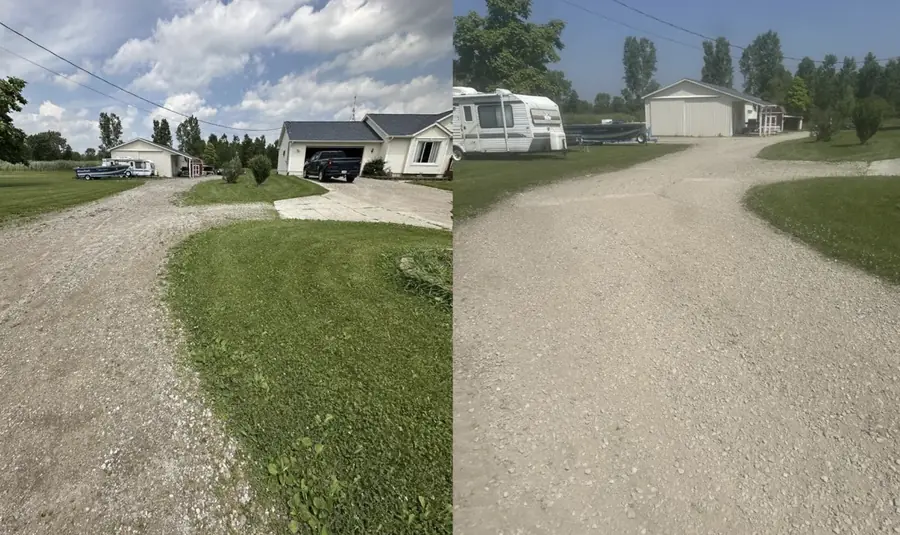 Long gravel drive running past a house and garage, shown from two angles