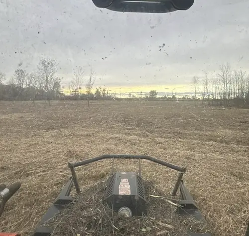 View from the cab of a mulching head working an overgrown field at dusk