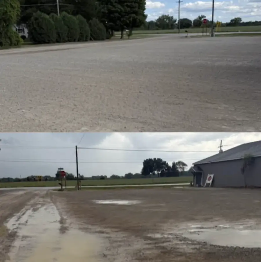 Wet gravel lot beside a building, graded and resurfaced, shown before and after