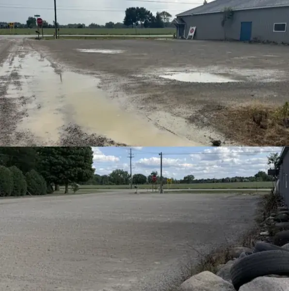 Gravel lot beside a building, graded and resurfaced, shown before and after