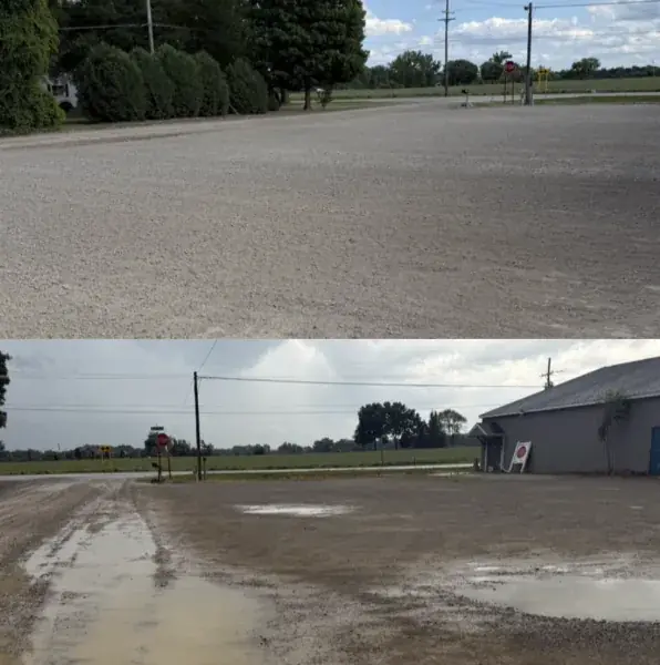 Gravel lot with standing water beside a building, shown before and after regrading