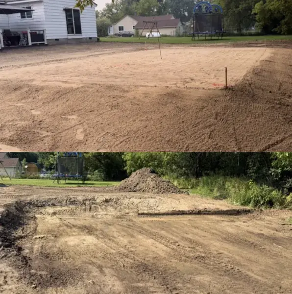 Pad area beside a house cut and graded, shown before and after